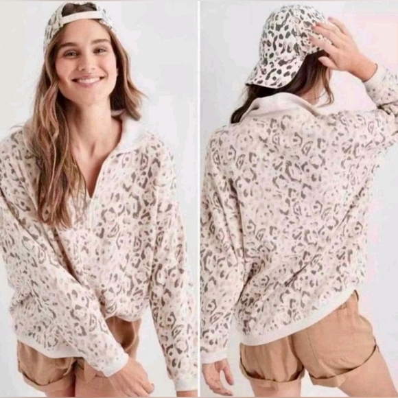 Aerie Leopard Cheetah Print Tan Cream Oversized Pullover 1/4 Zip Sweatshirt Cozy - Picture 2 of 16